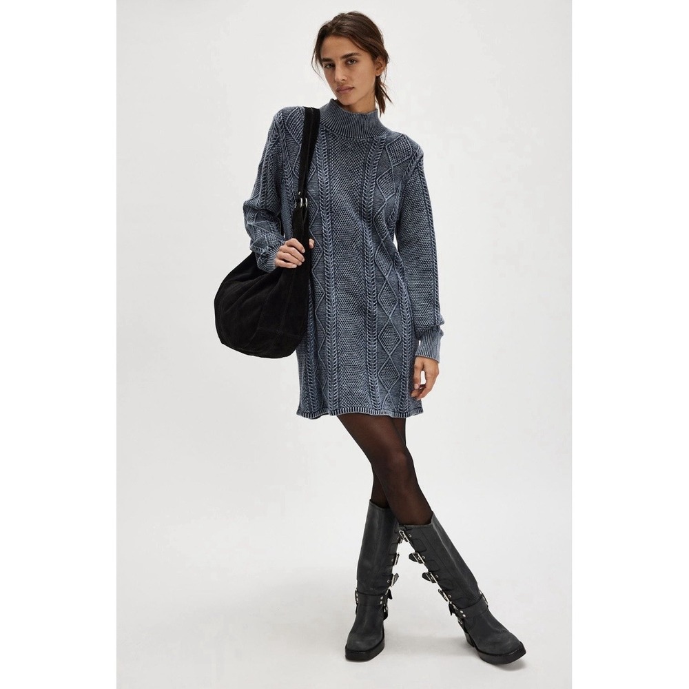 Free People Headed North Knit Tunic Mini Dress Navy S Boho Cable Knit Mock Neck